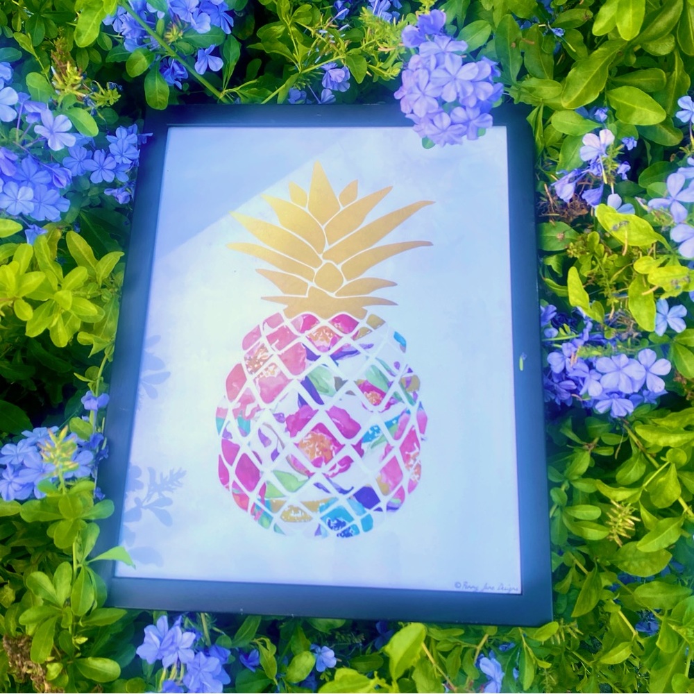 Framed Watercolorfloral  Pineapple with gold top art print by Penny Jane Design